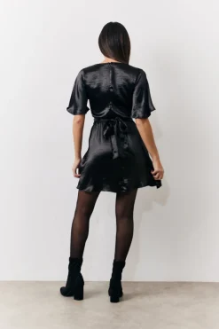 Black Liquid Satin Wrap Front Detail Mini Dress