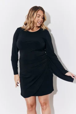 Black Magic Sculpting Drape Detail Long Sleeve Mini Dress