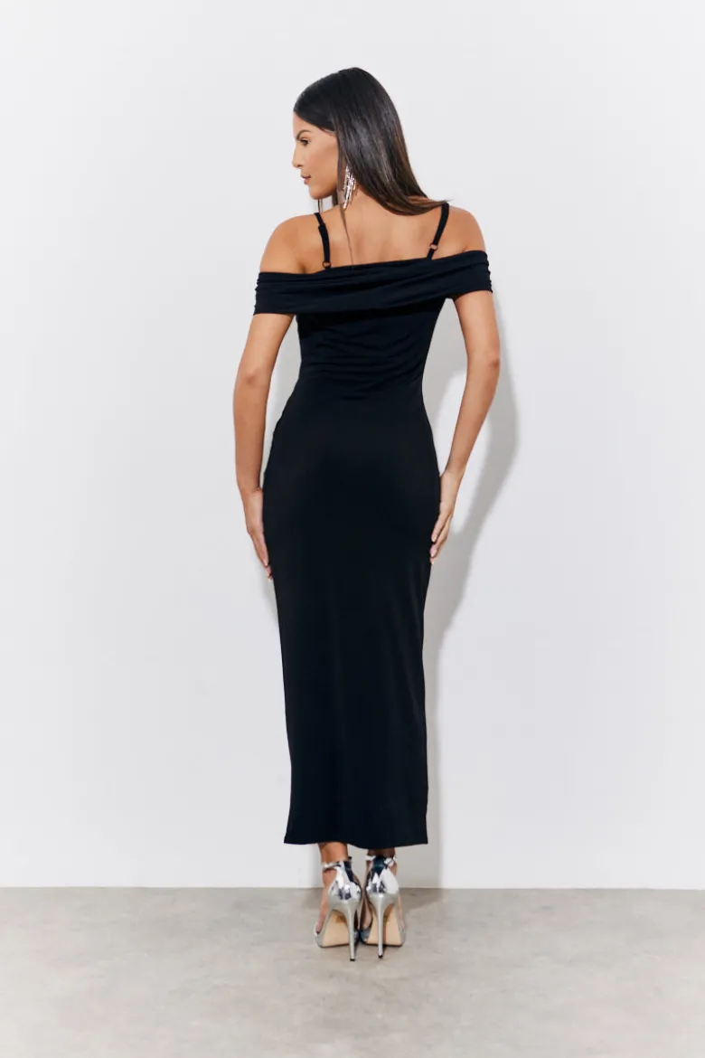 Black Magic Sculpting Strappy Bardot Midi Dress