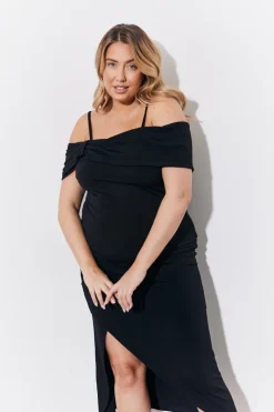 Black Magic Sculpting Strappy Bardot Midi Dress