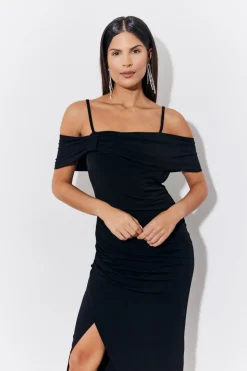 Black Magic Sculpting Strappy Bardot Midi Dress