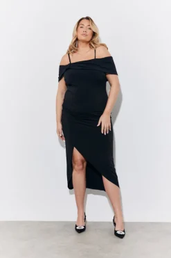 Black Magic Sculpting Strappy Bardot Midi Dress