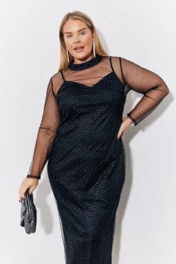 Black Mesh Metallic Detail Maxi Dress with Removable Jersey Slip Dress