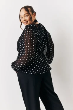 Black Polka Dot Tie Neck Blouse