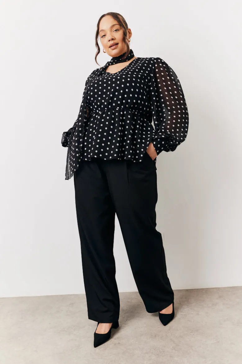 Black Polka Dot Tie Neck Blouse