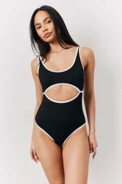 Black Ribbed Contrast Binding Cut Out Swimsuit