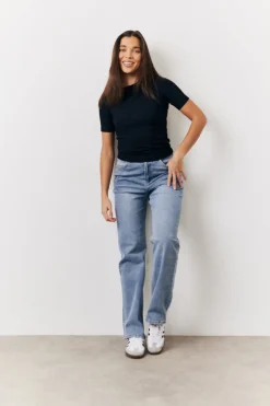 Black Ribbed Crew Neck Short Sleeve Top