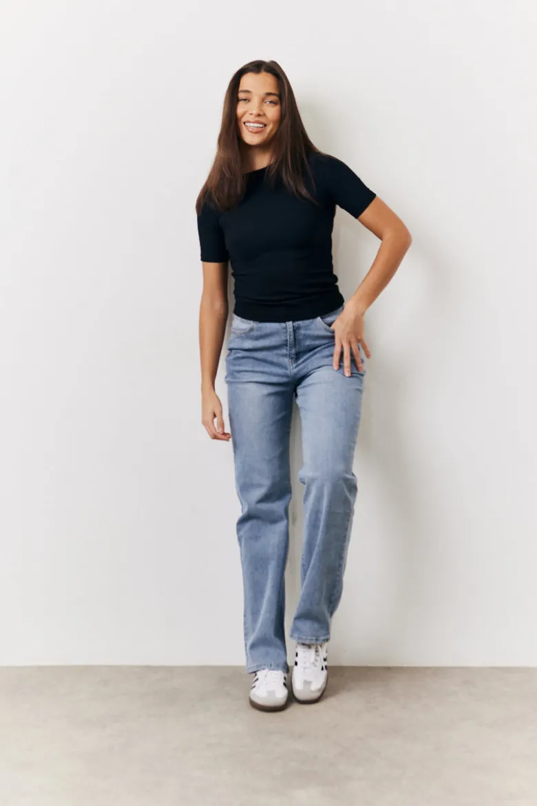 Black Ribbed Crew Neck Short Sleeve Top