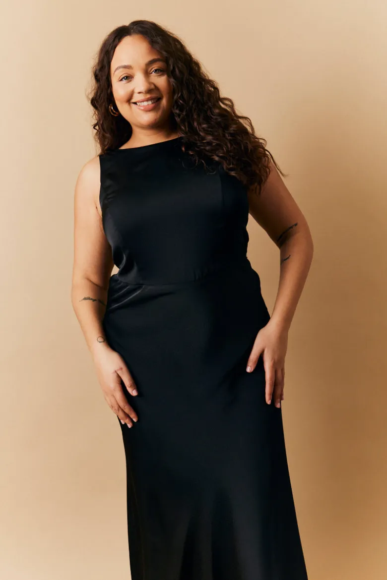 Black Satin Cowl Back Maxi Dress