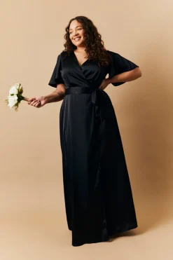 Black Satin Wrap Tie Angel Sleeve Maxi Dress