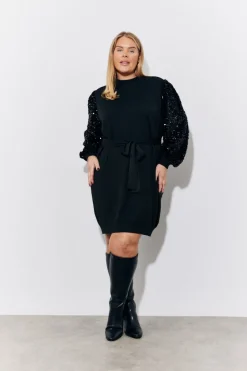 Black Sequin Balloon Sleeve Knitted Belted Jumper Dress