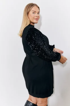 Black Sequin Balloon Sleeve Knitted Belted Jumper Dress