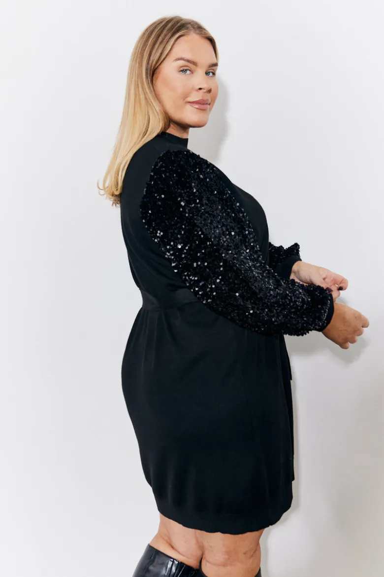 Black Sequin Balloon Sleeve Knitted Belted Jumper Dress