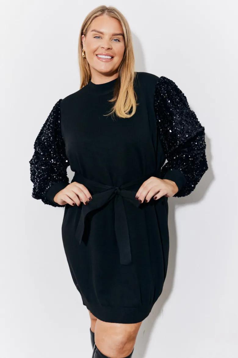Black Sequin Balloon Sleeve Knitted Belted Jumper Dress