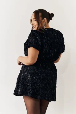 Black Sequin Floral Applique Fit and Flare Mini Dress