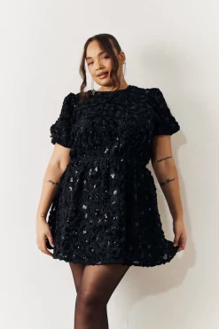 Black Sequin Floral Applique Fit and Flare Mini Dress