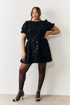 Black Sequin Floral Applique Fit and Flare Mini Dress