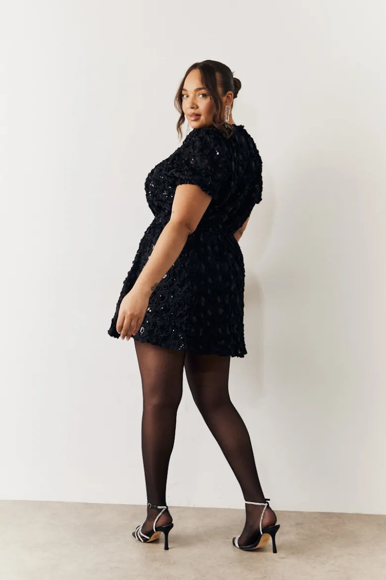 Black Sequin Floral Applique Fit and Flare Mini Dress