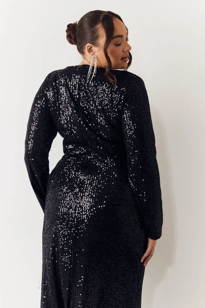 Black Sequin Long Sleeve Maxi Dress