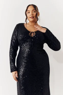 Black Sequin Long Sleeve Maxi Dress