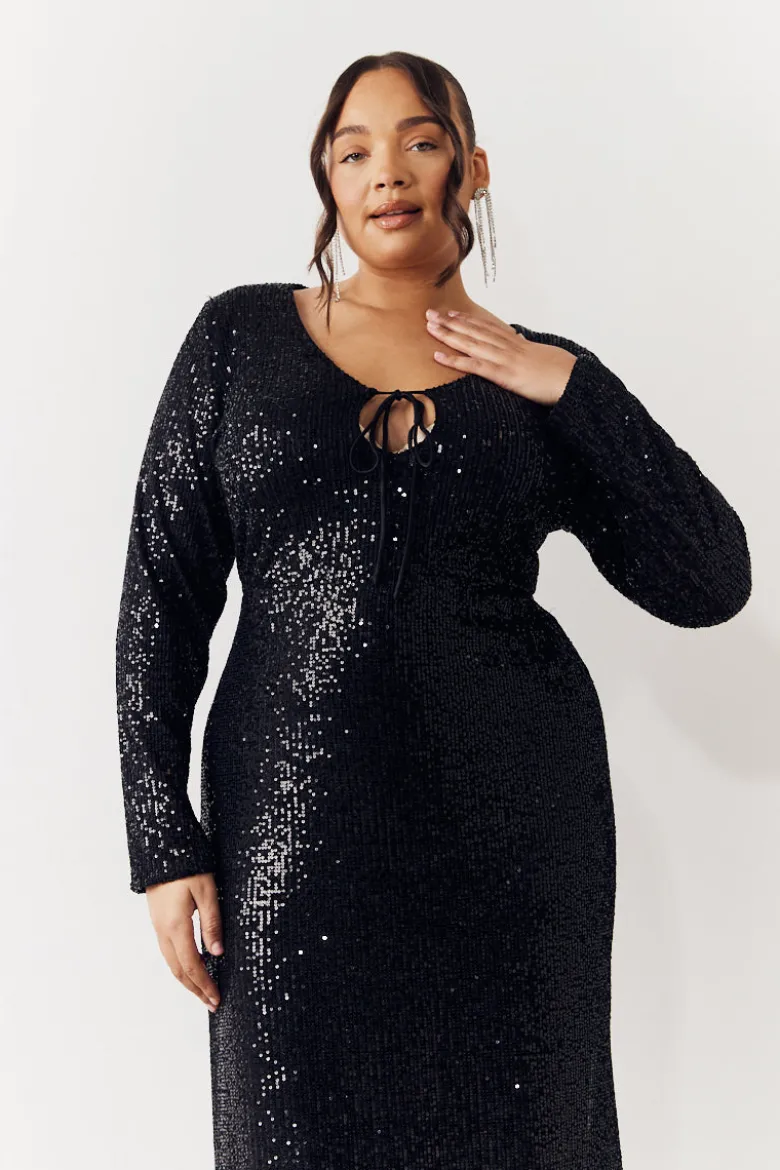Black Sequin Long Sleeve Maxi Dress