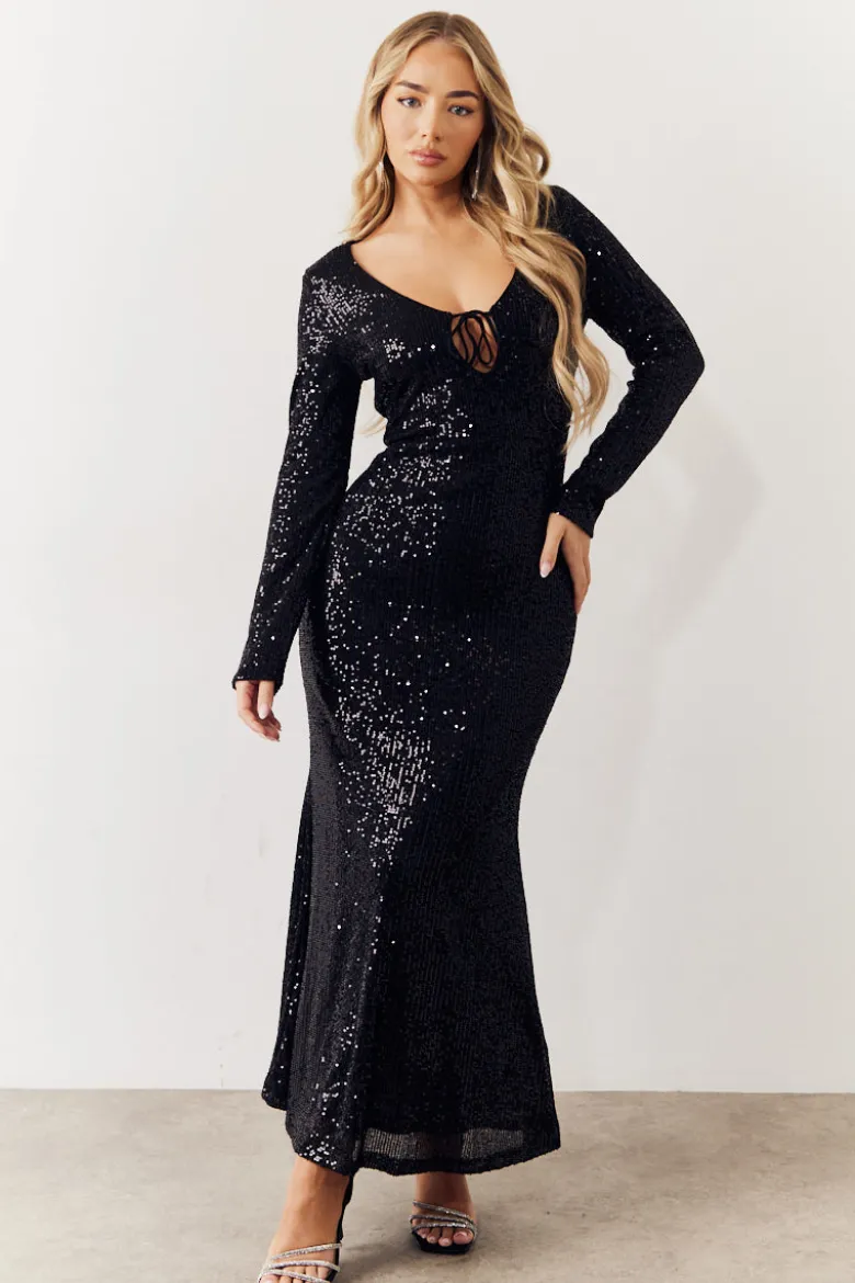 Black Sequin Long Sleeve Maxi Dress