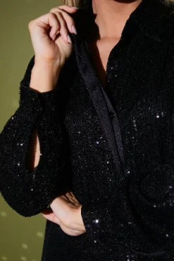 Black Sequin Oversized Shirt Dress