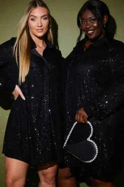 Black Sequin Oversized Shirt Dress