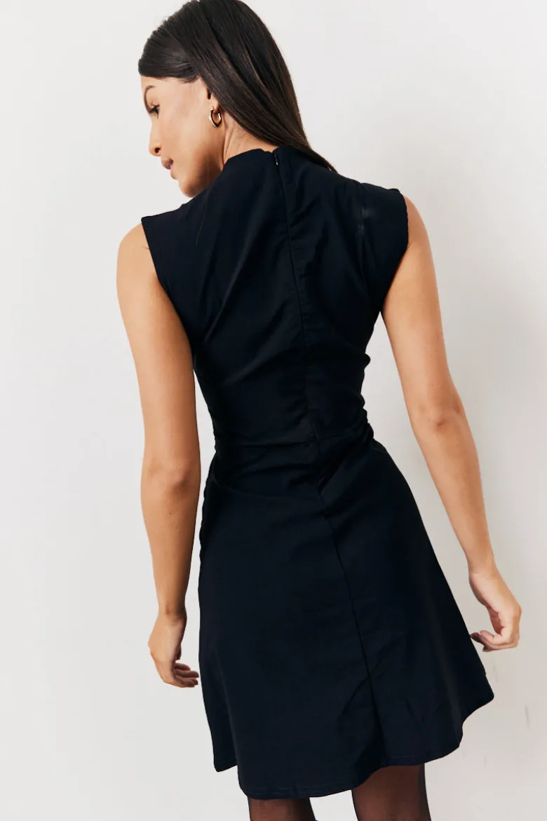 Black Structured Plunge Front Sleeveless Mini Dress