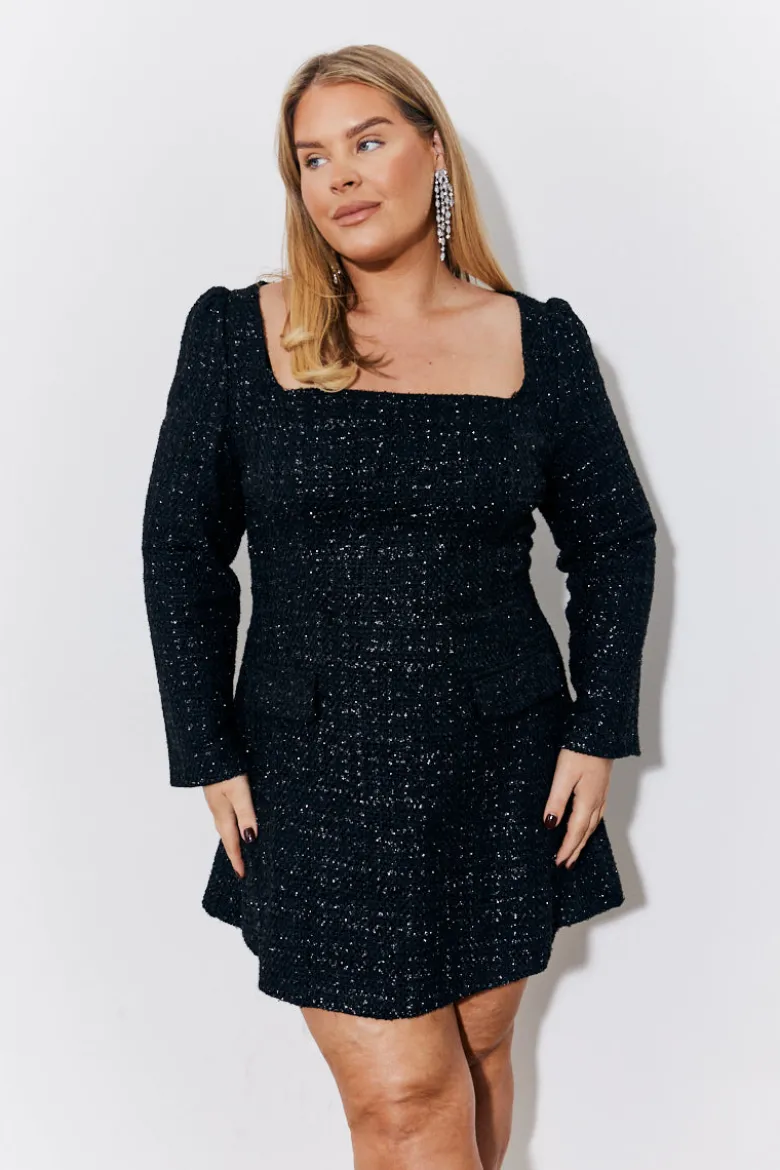 Black Tweed Fit and Flare Mini Dress
