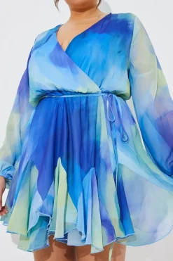 Blue Abstract Print Chiffon Wrap Godet Frill Mini Dress