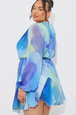 Blue Abstract Print Chiffon Wrap Godet Frill Mini Dress