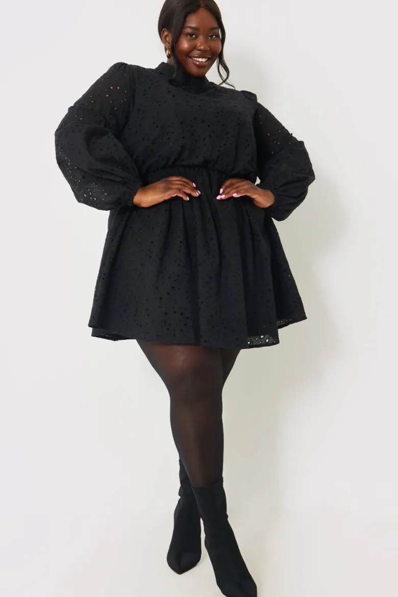 Broderie High Neck Frill Hem Mini Dress
