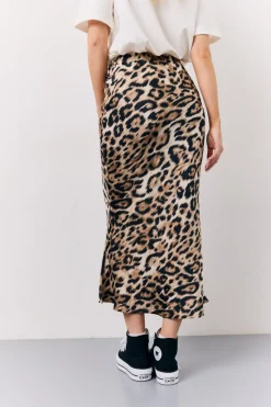 Brown Leopard Print Satin Midaxi Skirt