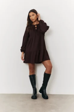 Brown Textured Tie Front Detail Smock Dress