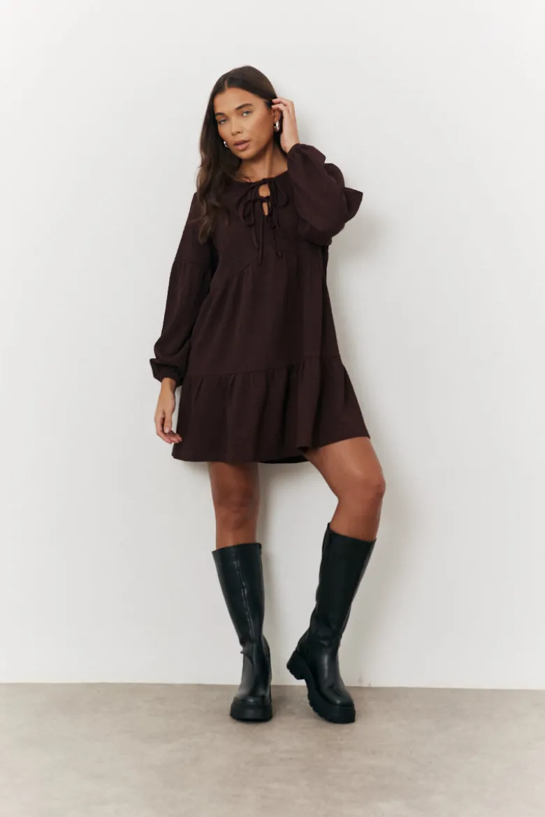 Brown Textured Tie Front Detail Smock Dress