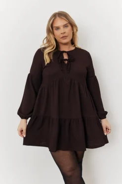 Brown Textured Tie Front Detail Smock Dress