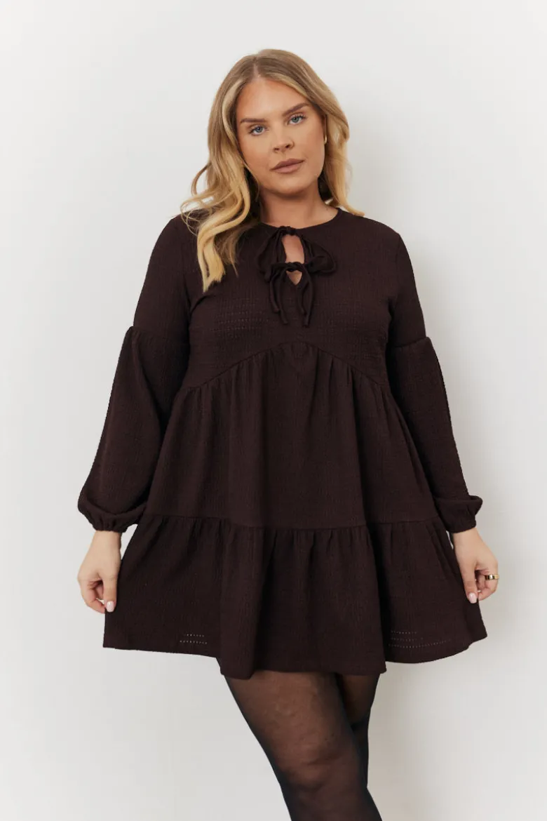Brown Textured Tie Front Detail Smock Dress