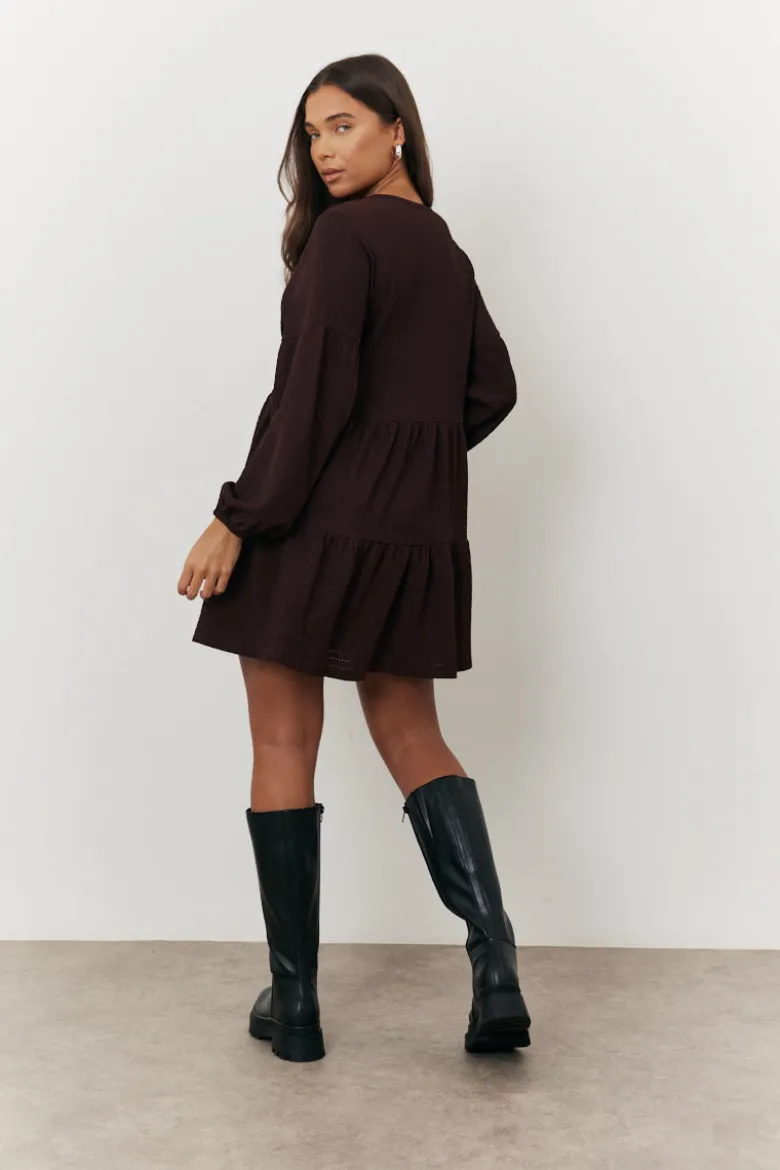Brown Textured Tie Front Detail Smock Dress