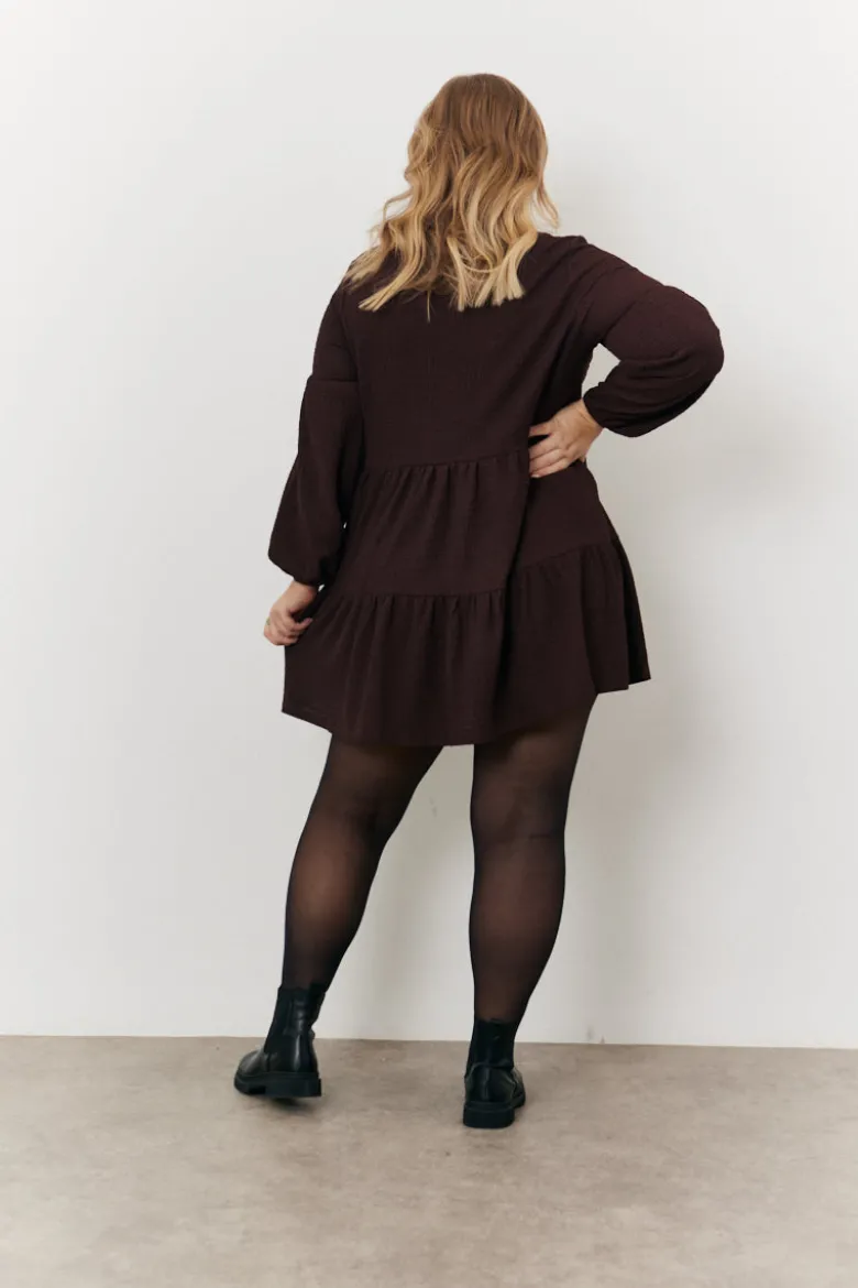 Brown Textured Tie Front Detail Smock Dress