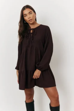 Brown Textured Tie Front Detail Smock Dress