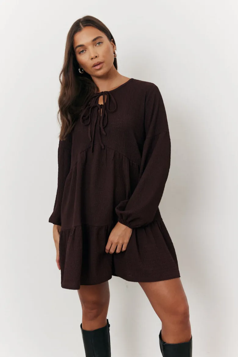 Brown Textured Tie Front Detail Smock Dress