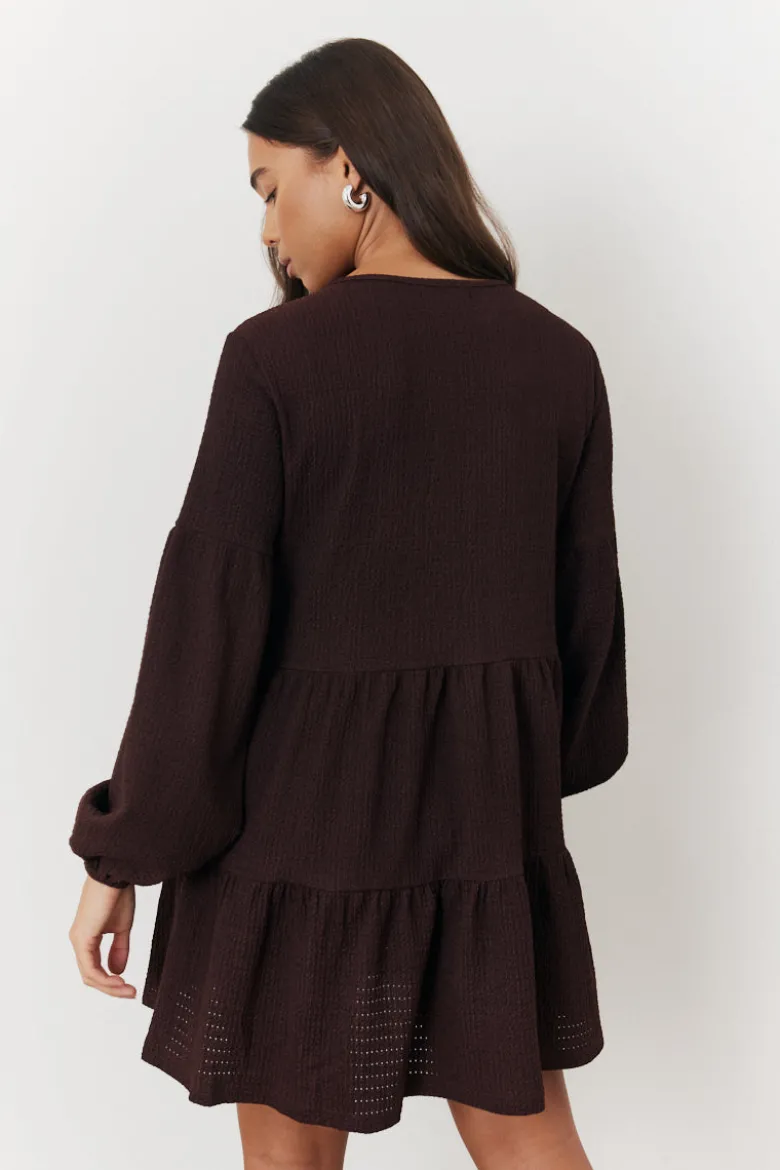 Brown Textured Tie Front Detail Smock Dress