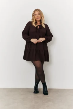 Brown Textured Tie Front Detail Smock Dress