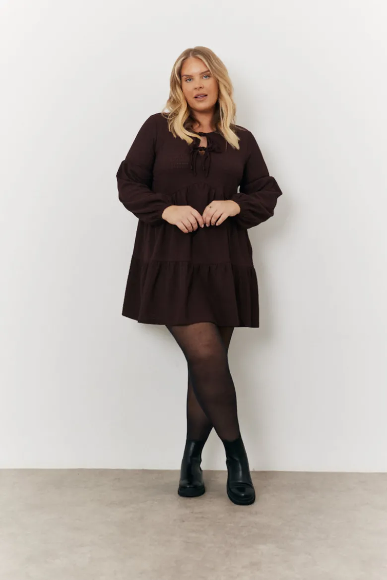 Brown Textured Tie Front Detail Smock Dress