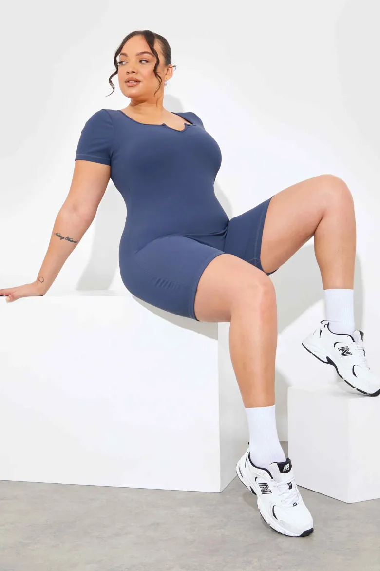 Built-In Bra Notched Neck Short Sleeve Sculpt and Control Short Unitar