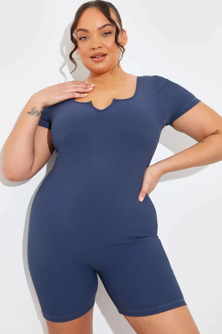 Built-In Bra Notched Neck Short Sleeve Sculpt and Control Short Unitar
