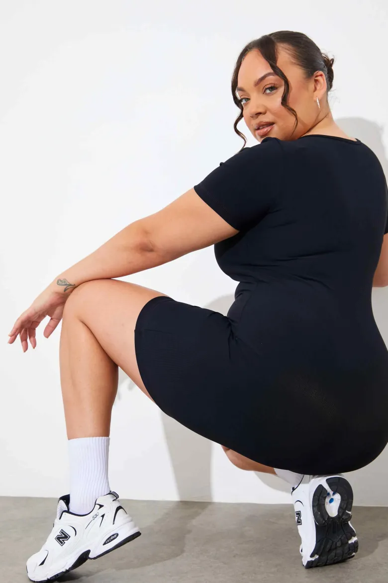 Built-In Bra Notched Neck Short Sleeve Sculpt and Control Short Unitar