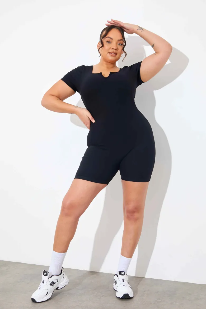 Built-In Bra Notched Neck Short Sleeve Sculpt and Control Short Unitar
