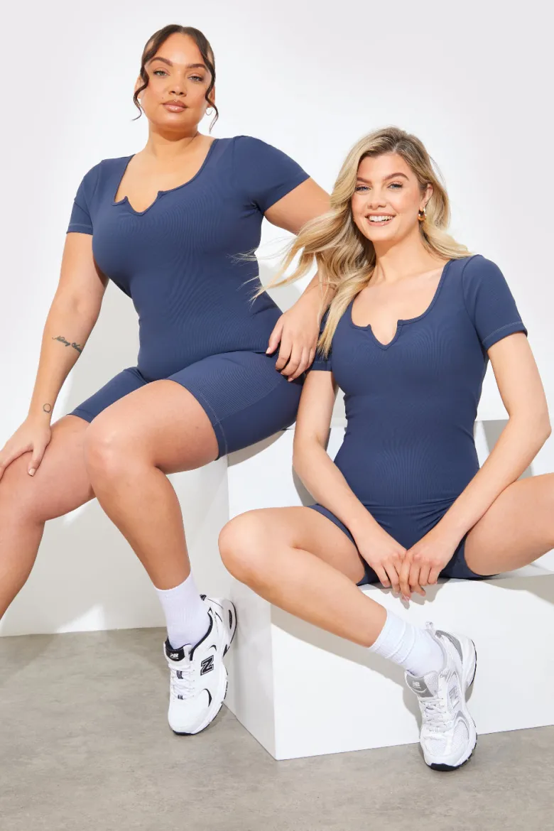 Built-In Bra Notched Neck Short Sleeve Sculpt and Control Short Unitar